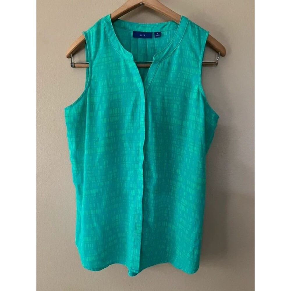 Apt. 9 Teal and Green Abstract Sleeveless Button Blouse